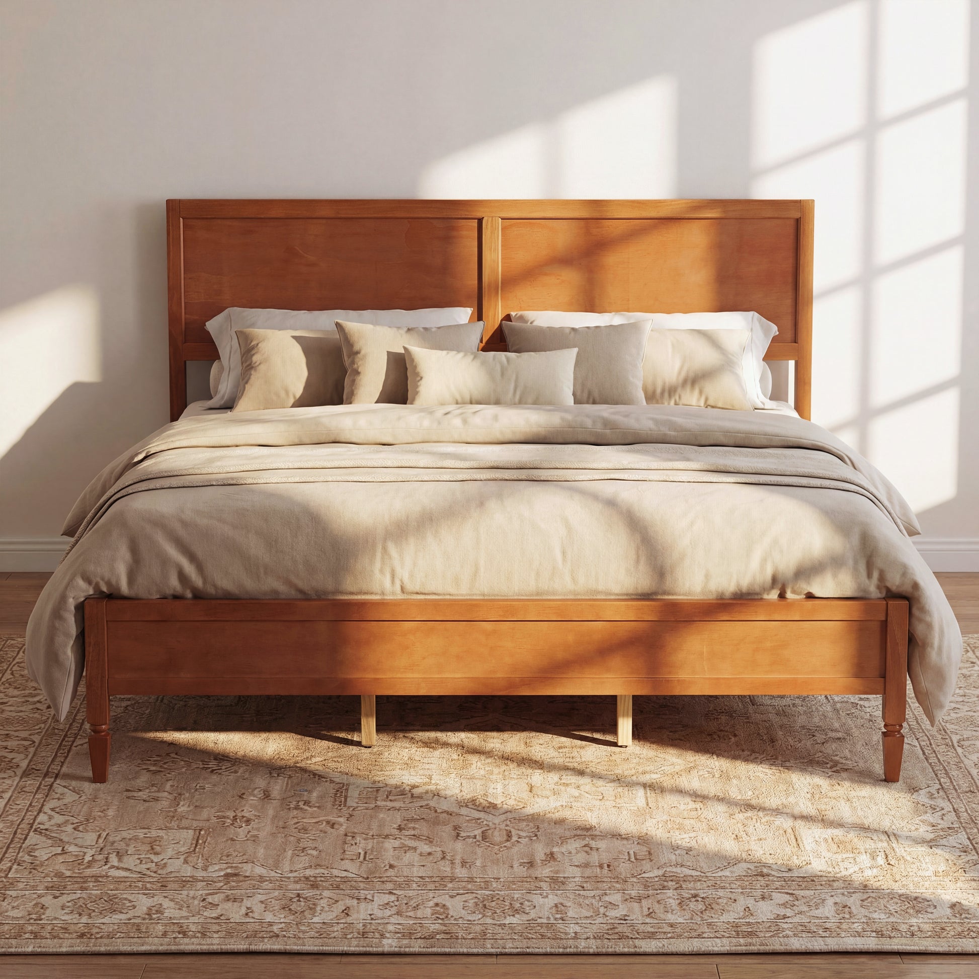 King Size Wood Platform Bed Frame with Classic Panel Headboard, Wooden Slats Support, No Box Spring Needed, Easy Assembly, Brown image 2
