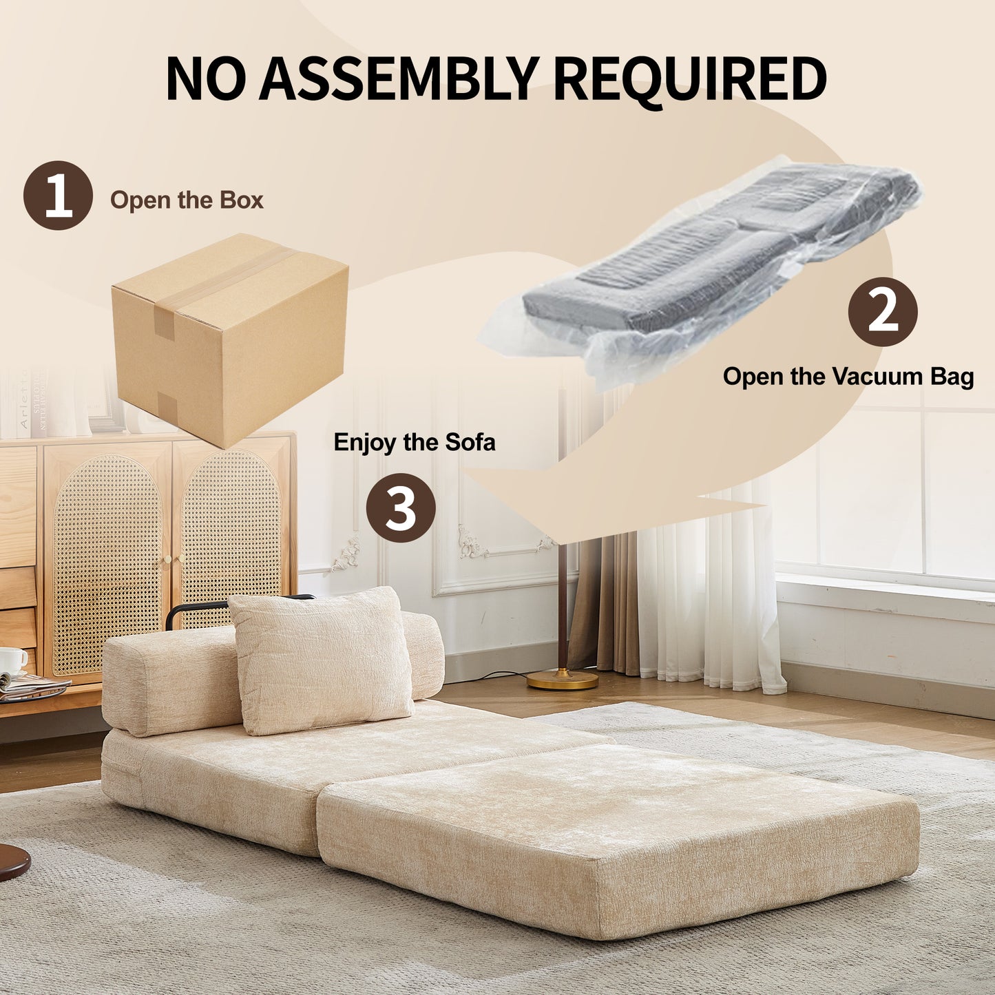 Compression Sofa,Convertible Floor Sofa Bed with Fixed-Shape Frame,Single Seater Boneless Modular Sectional Sofa,No Assembly Required,Chenille fabric,for Living Room Bedroom,Beige image 7