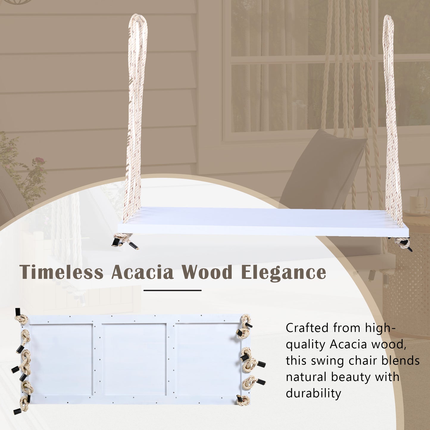 TOPMAX Patio Wooden Swing Chair, Hanging Porch Swing Bench with Cushion&Pillows, 10.8Ft Hemp Ropes for Garden,Backyard, Lawn,White image 5