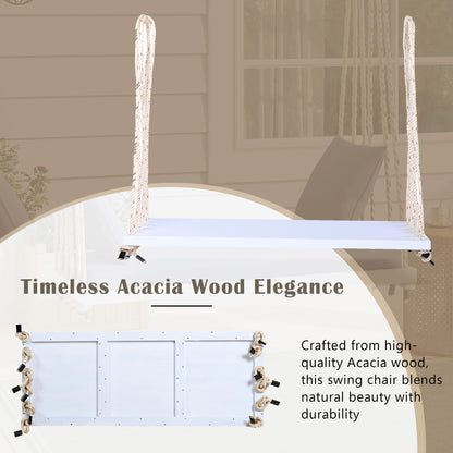 TOPMAX Patio Wooden Swing Chair, Hanging Porch Swing Bench with Cushion&Pillows, 10.8Ft Hemp Ropes for Garden,Backyard, Lawn,White image 5