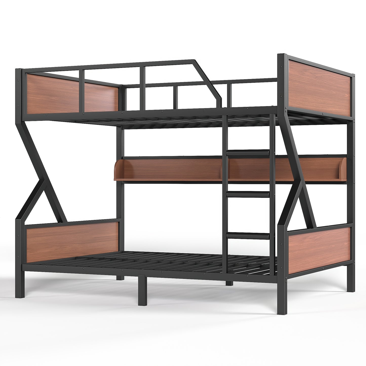 Full over Full Bunk Bed, Metal Bunk Bed with Storage Shelves and Lights, Space-saving & Noise-free Design, Black image 11
