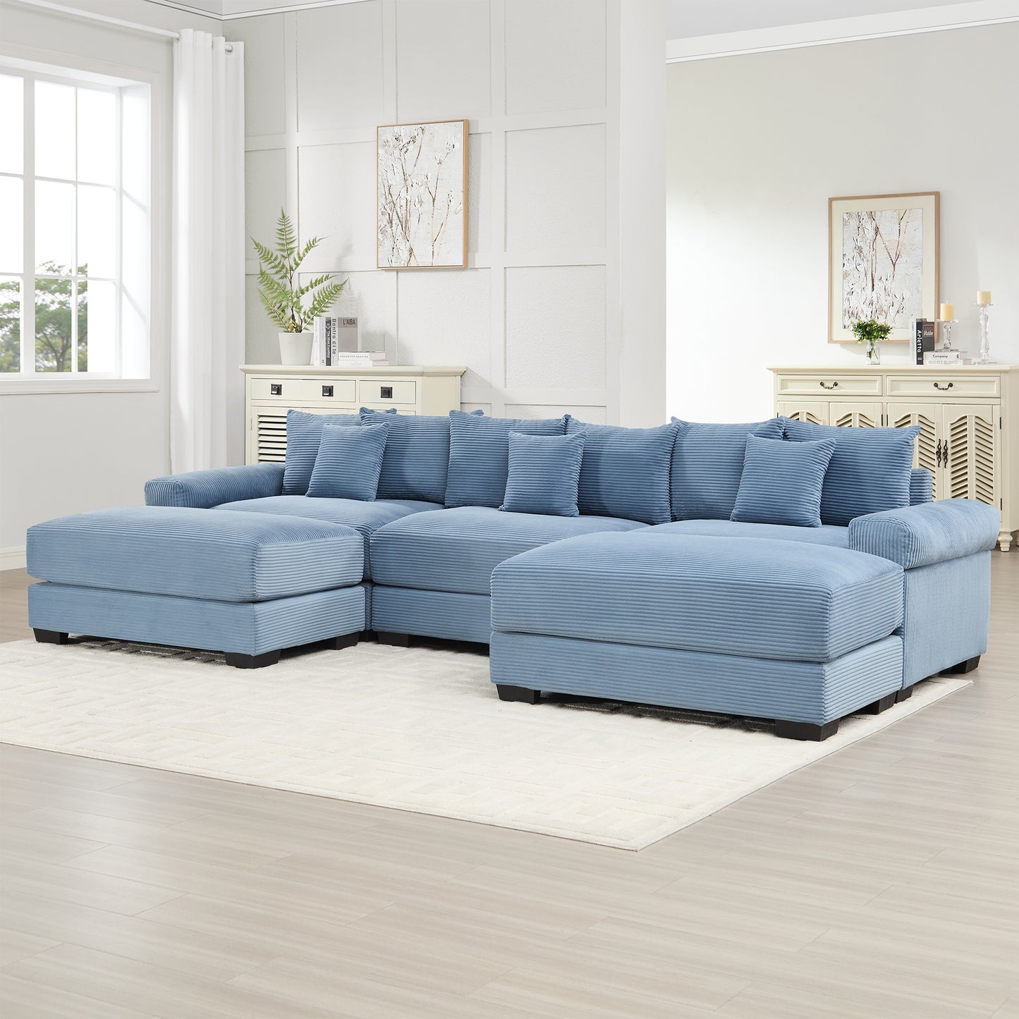 130" Oversized Cloud Modular Sectional Couch, Premium Corduroy Fabric,3-Seater Deep Seat Wide Armrests, With An Ottoman,Ergonomic Design, Easy Assembly For Lounges Living Room,Blue image 2