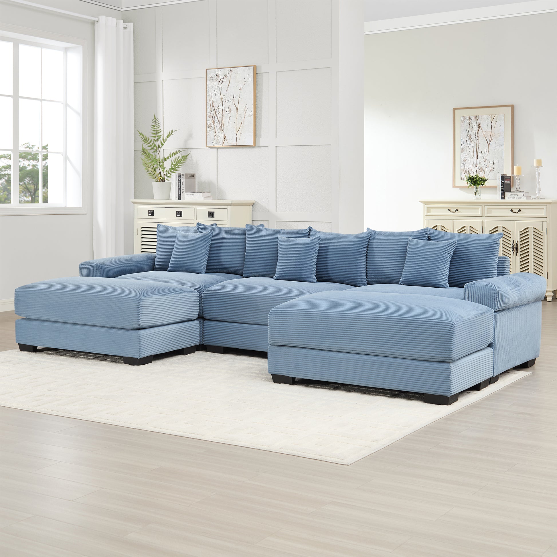 130" Oversized Cloud Modular Sectional Couch, Premium Corduroy Fabric,3-Seater Deep Seat Wide Armrests, With An Ottoman,Ergonomic Design, Easy Assembly For Lounges Living Room,Blue image 2