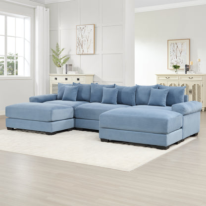 130" Oversized Cloud Modular Sectional Couch, Premium Corduroy Fabric,3-Seater Deep Seat Wide Armrests, With An Ottoman,Ergonomic Design, Easy Assembly For Lounges Living Room,Blue image 2