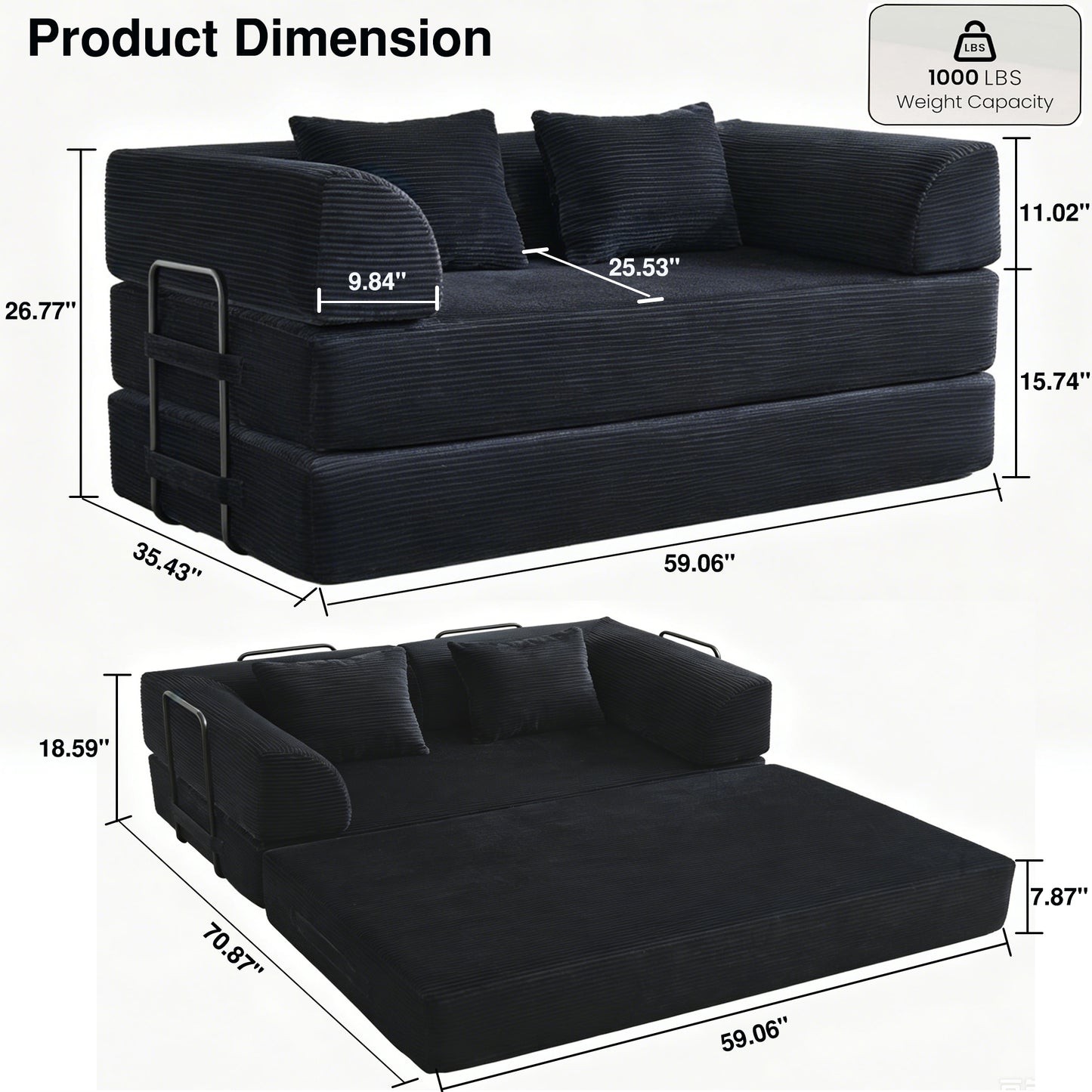 Convertible Sleeper Sofa Bed, Corduroy Folding Mattress Couch with Fixed-Shape Frame, Floor Sofa Lounge Couch Boneless Sofa for Living Room Bedroom, Black image 2
