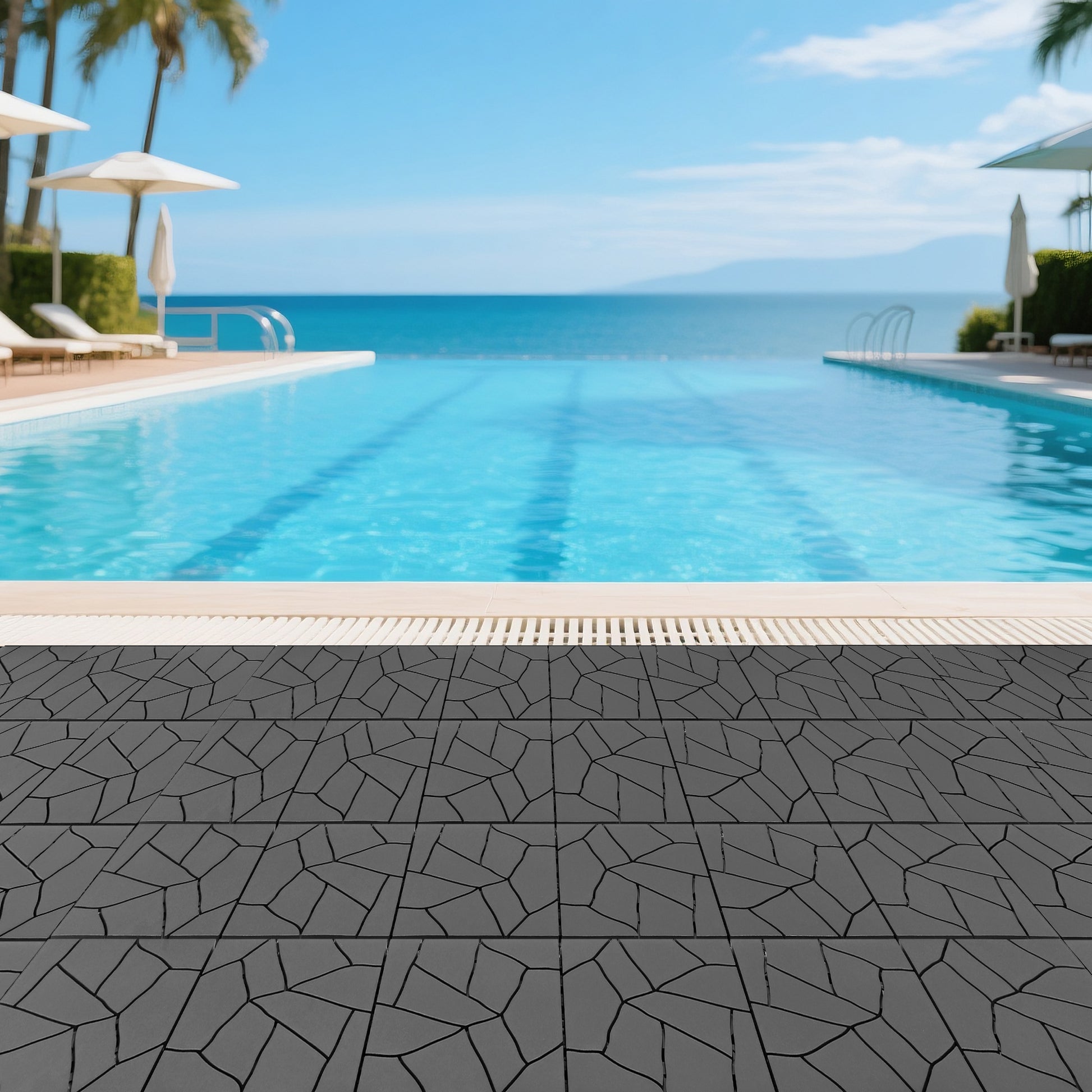 Stone Style 12" Patio Deck Tiles, DIY Module Interlocking Decking Tiles Floor Tile Outdoor and Indoor,Easy and Quick Installation Court Tiles for Porch Poolside Balcony Backyard 44pcs,dark gray image 9