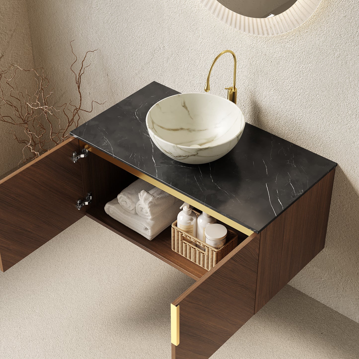 ARAI 36" Bathroom Vanity & Sink, Floating Plywood Bathroom Storage Cabinet with Double Doors, Black Sintered Stone Countertop & White Bowl Ceramic Basin with Stone Pattern, Brown Oak Woodgrain Color image 2