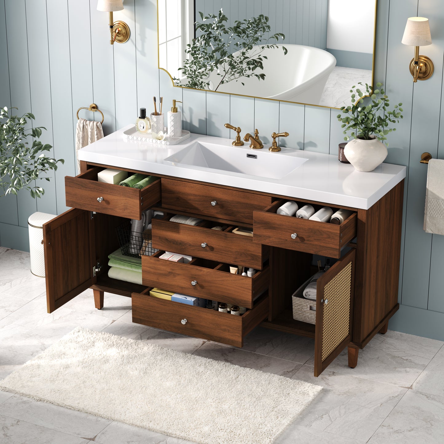 60" Bathroom Vanity with SMC Sink, Modern Large Storage Bathroom Storage Cabinet with Soft Close Drawers and Rattan Doors, Silver Metal Knobs and 5 Pine Legs, Brown image 5