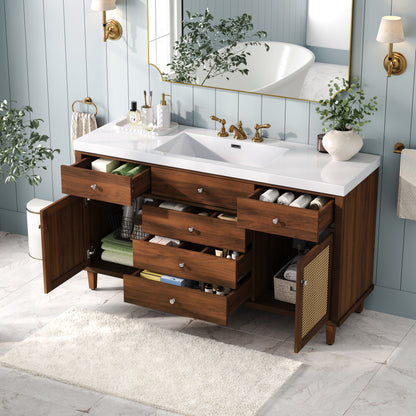 60" Bathroom Vanity with SMC Sink, Modern Large Storage Bathroom Storage Cabinet with Soft Close Drawers and Rattan Doors, Silver Metal Knobs and 5 Pine Legs, Brown image 5
