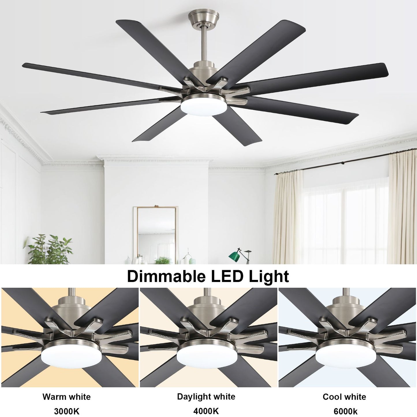 66 Inch Large Ceiling Fan With Dimmable Led Light 8 ABS Blades Smart Remote Control Reversible DC Motor For Living Room image 7
