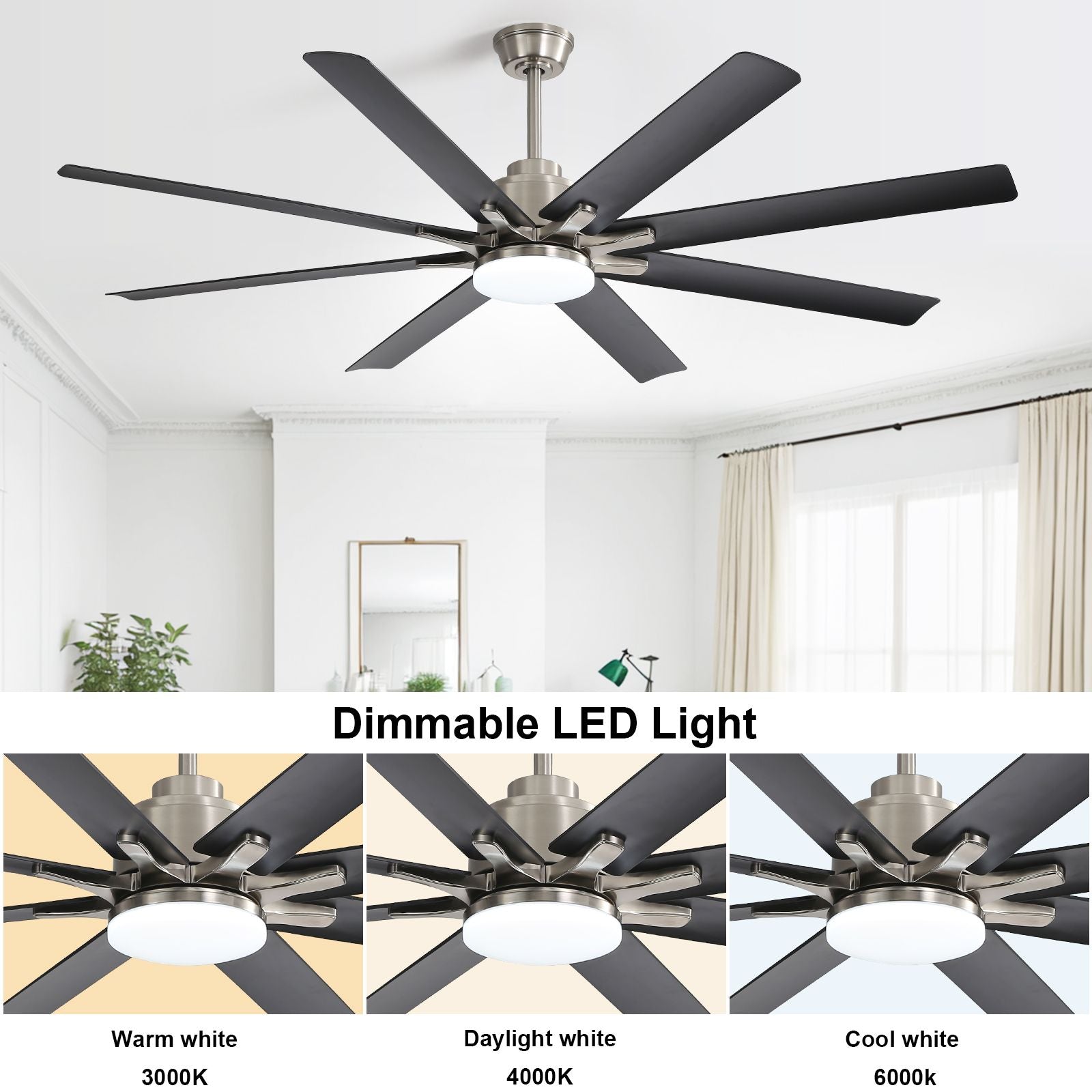 66 Inch Large Ceiling Fan With Dimmable Led Light 8 ABS Blades Smart Remote Control Reversible DC Motor For Living Room image 7
