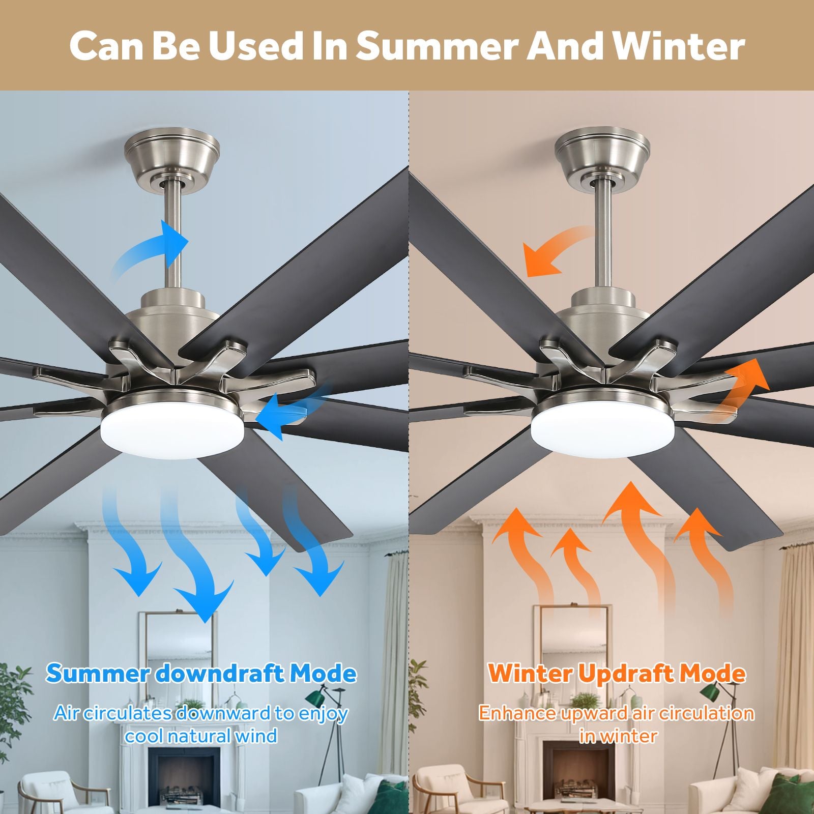 66 Inch Large Ceiling Fan With Dimmable Led Light 8 ABS Blades Smart Remote Control Reversible DC Motor For Living Room image 8