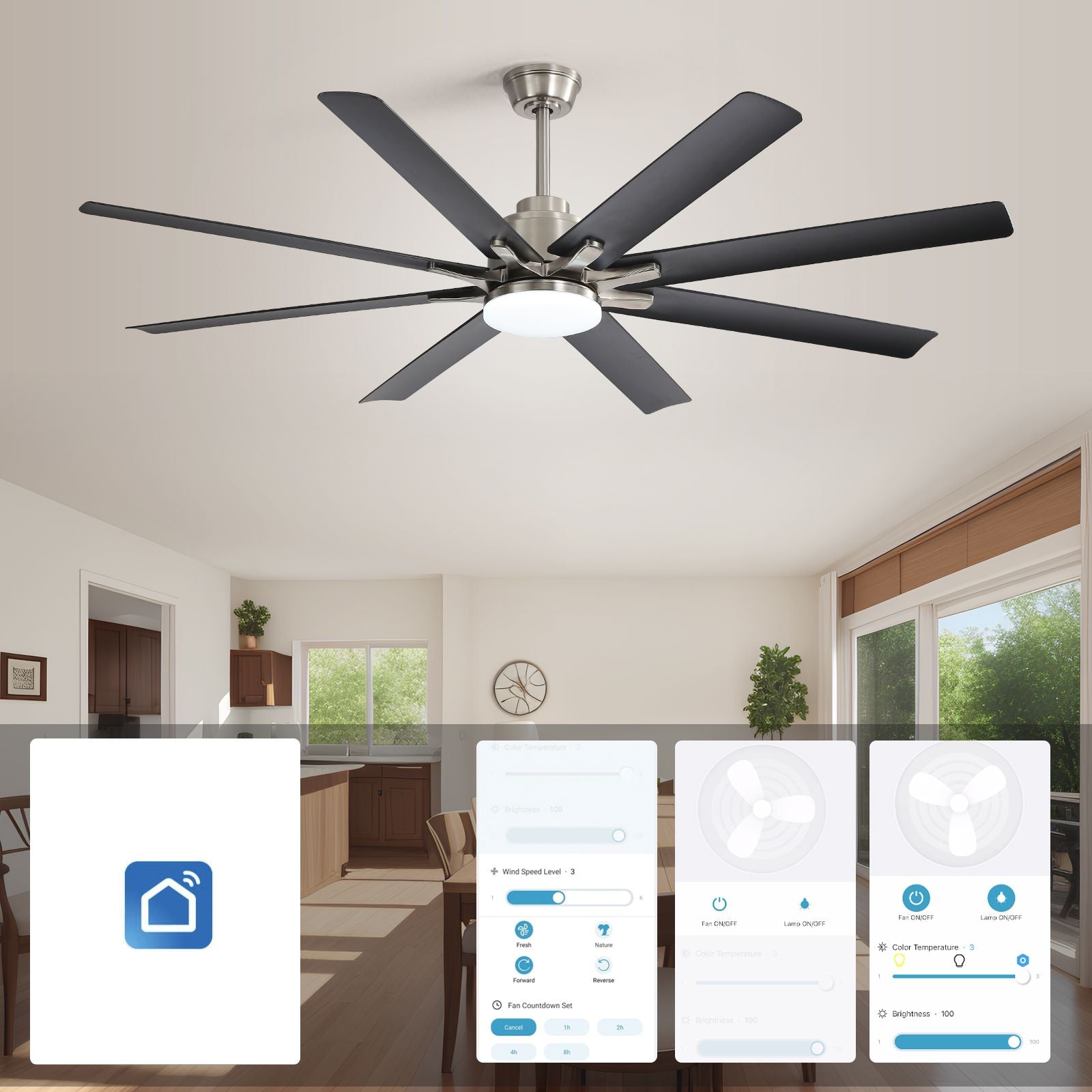 66 Inch Large Ceiling Fan With Dimmable Led Light 8 ABS Blades Smart Remote Control Reversible DC Motor For Living Room image 4