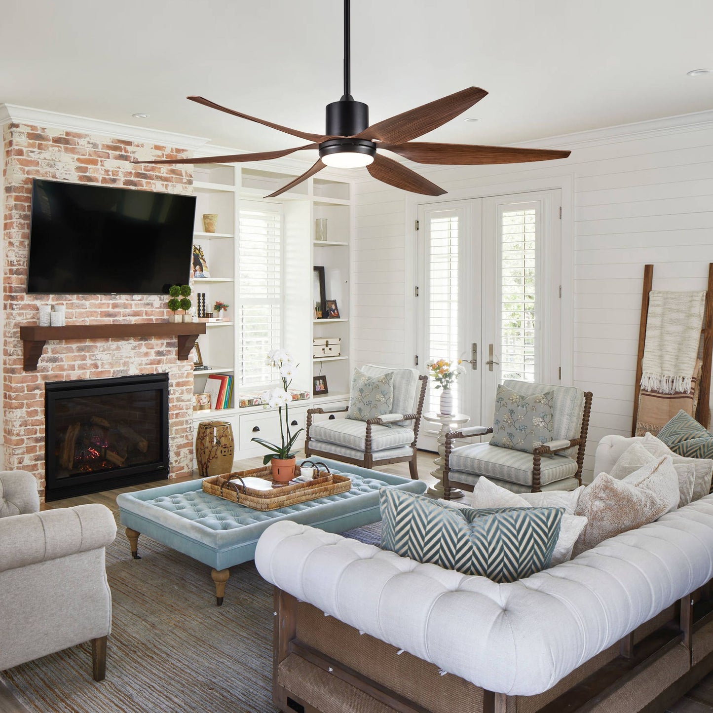 66" Vintage Ceiling Fan Lighting with Brown Blades in Integrated LED image 2