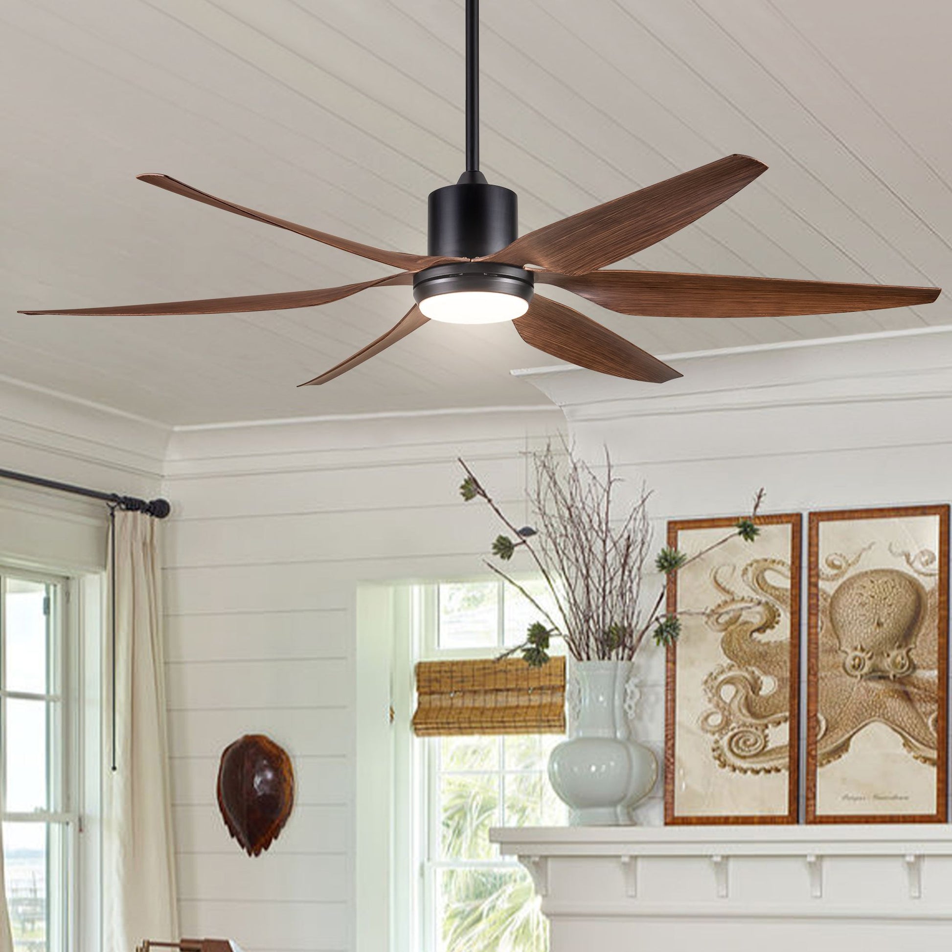66" Vintage Ceiling Fan Lighting with Brown Blades in Integrated LED image 4