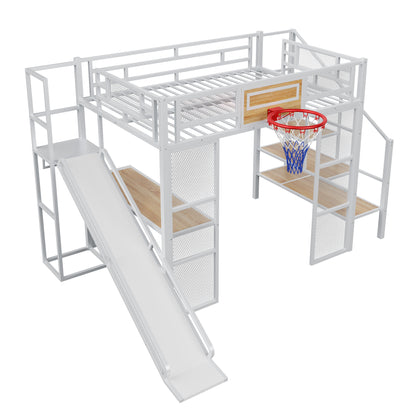 Full Size Metal Loft bed with Built-in Desk, Open Wardrobe, Basketball hoop, Slide and Staircase, White image 12