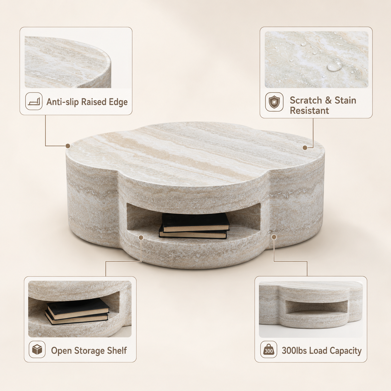 31.5" Clover Round Faux Marble Coffee Table – No Assembly Required, Anti-Slip Raised Edge, Open Storage Shelf, Scratch & Stain Resistant, Modern Minimalist Living Room Table image 10