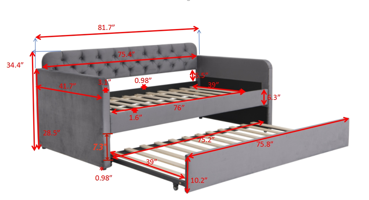 Twin Size Upholstered Daybed with Trundle and USB Charging Design, Velvet Upholstered Daybed Frame, Twin Sofa Bed for Living Room Bedroom, No Box Spring Needed,Plush velvet fabric dark grey 18# image 4