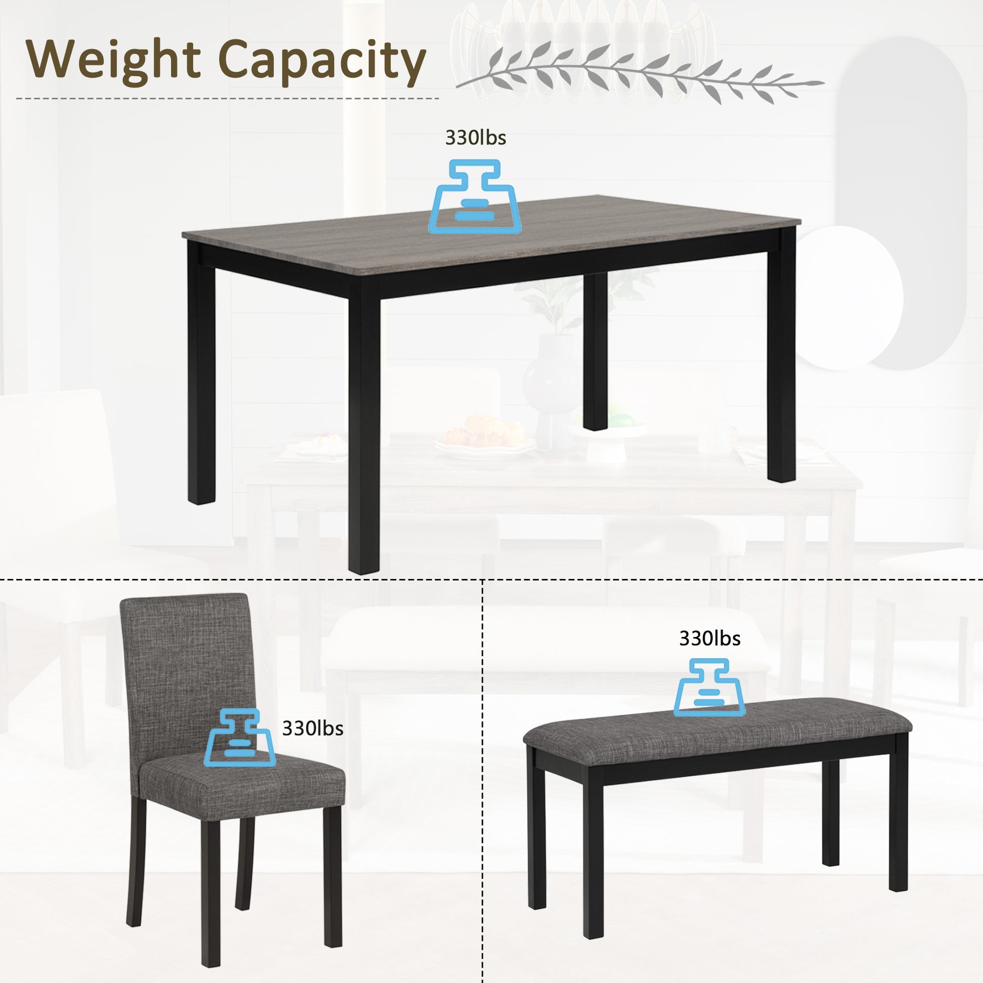 6-Piece Dining Table Set with Bench and Chairs, Dining Table Set for 6 with Bench, Wooden Dining Table Set for Kitchen, Dining Room, Light Grey & Black Two Tone image 7