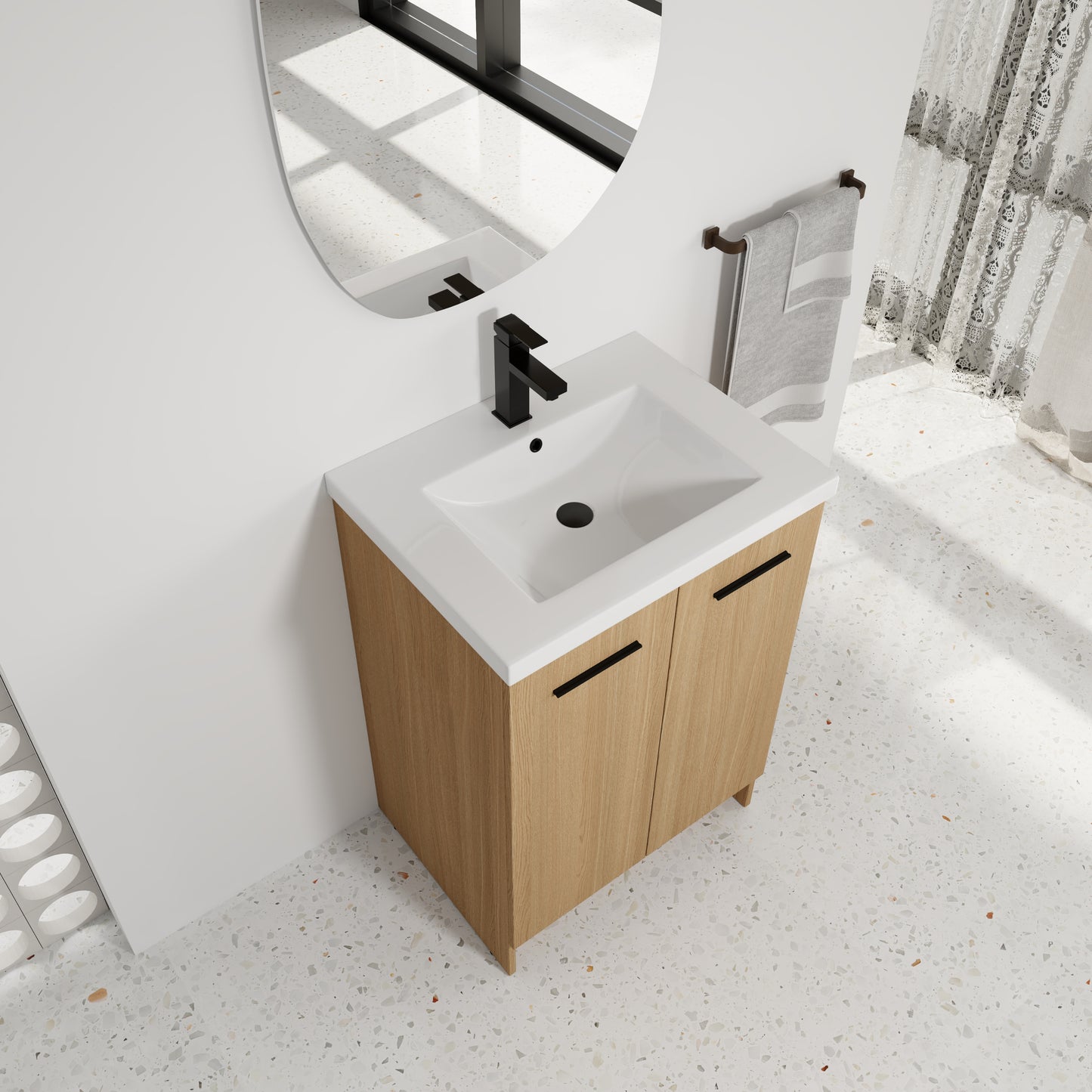 24" Freestanding Bathroom Vanity with Resin Sink, Light Oak, Double Door Storage, KD (Ready-to-Assemble), Includes Black & Brushed Aluminum Handles image 3
