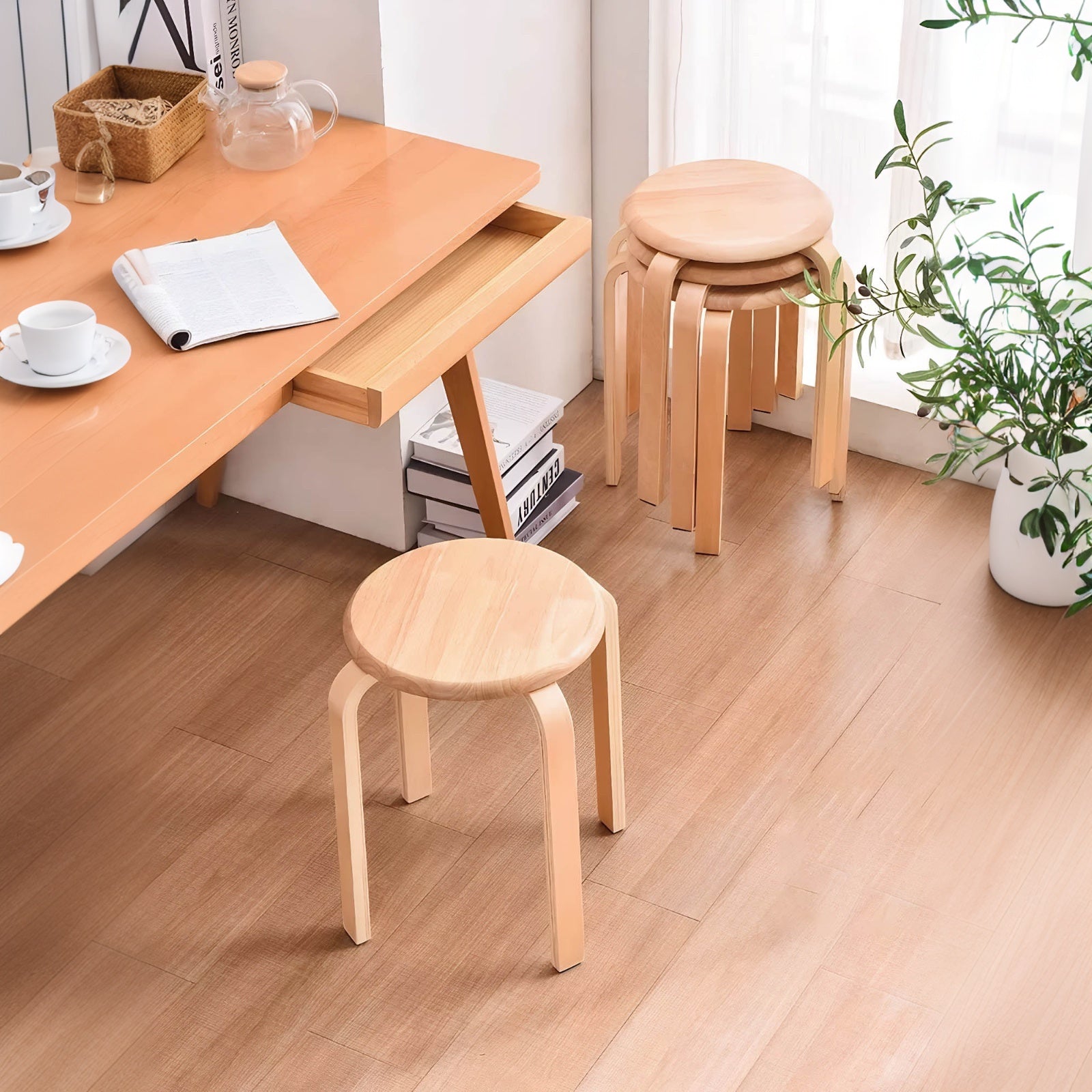 Stackable Bentwood Stool Set of 4, 18" Round Stacking Backless Nesting Stools, Anti-Slip Felt Pad,School Chairs, Suitable for classrooms, Dining Rooms, Kitchens, Natural image 5