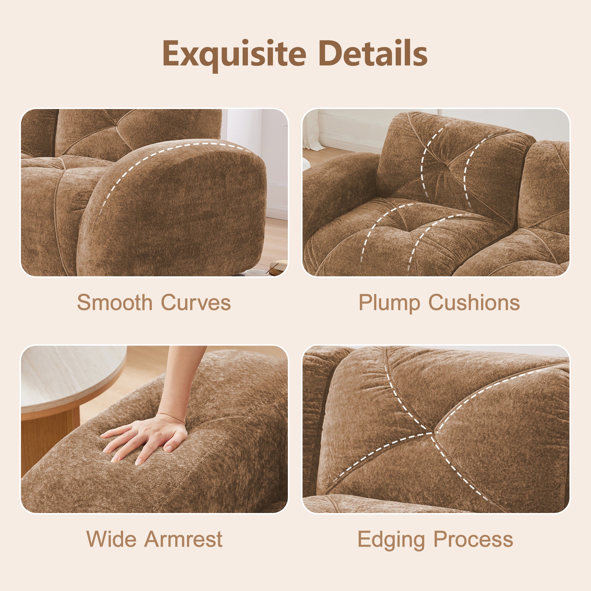 L-Shaped Boneless Sofa,Soft Velvet Fabric,Tufted Design,32D High Density Sponge,No Assembly Required,Ergonomic Design Bottom, Anti-Slip Design,Movable Ottoman for Bedrooms,Camel image 9