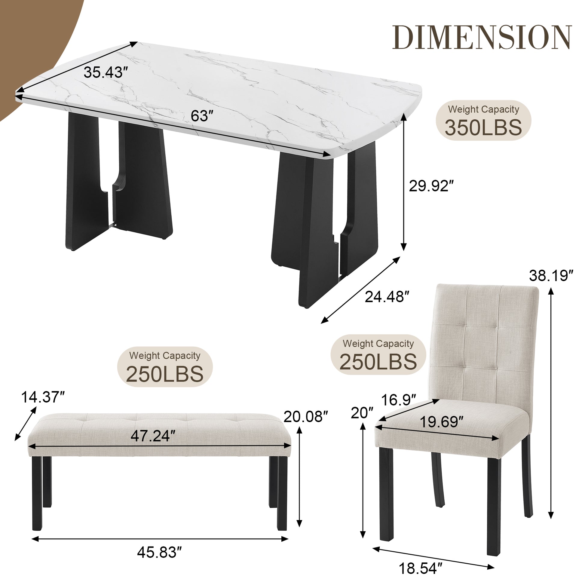 6 Piece Modern Dining Table Set, 63" Faux Marble Dining Table with Geometric Legs & 4 Upholstered Chairs & 1 Bench, Suitable for Dining Kitchen Room,Easy to Assemble, Beige + White image 5