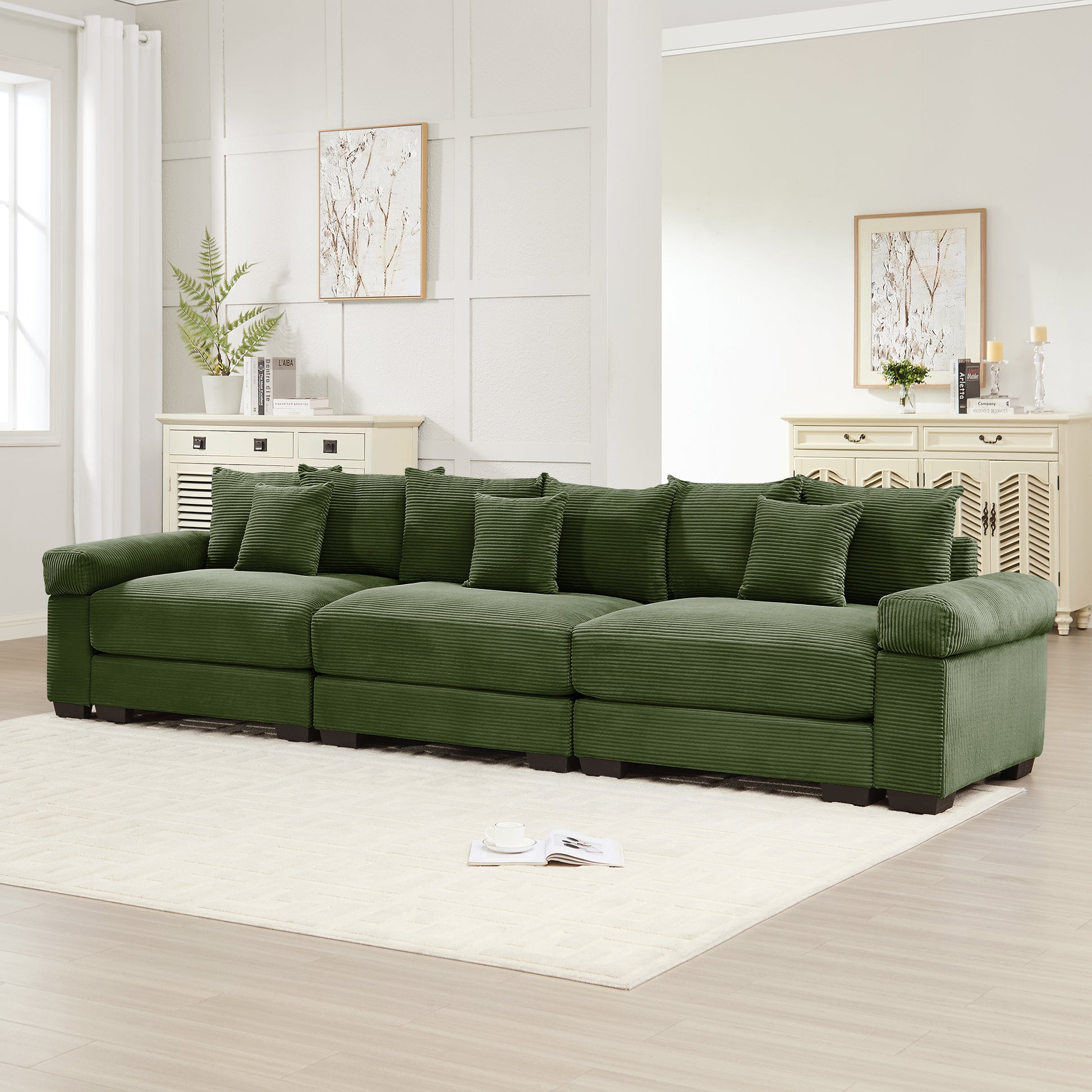 130" Oversized Cloud Modular Sectional Couch,Premium Corduroy 3-Seater Sofa Extra-Thick Armrests Good Resilience Cushion Ergonomic Design,Easy Assembly Suitable For Living Rooms Studies,Green image 2
