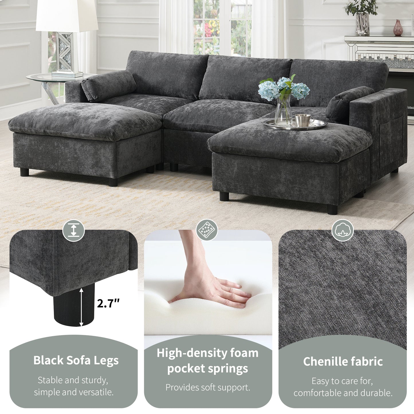 [NEW SKU of N723S7723E]84.5'' Modular Sectional Sofa with Storage Pockets, 5 Seat U Shaped Chenille Couch Set with Pillows, Free Combination Modern Cloud Sofa with Movable Ottoman image 6
