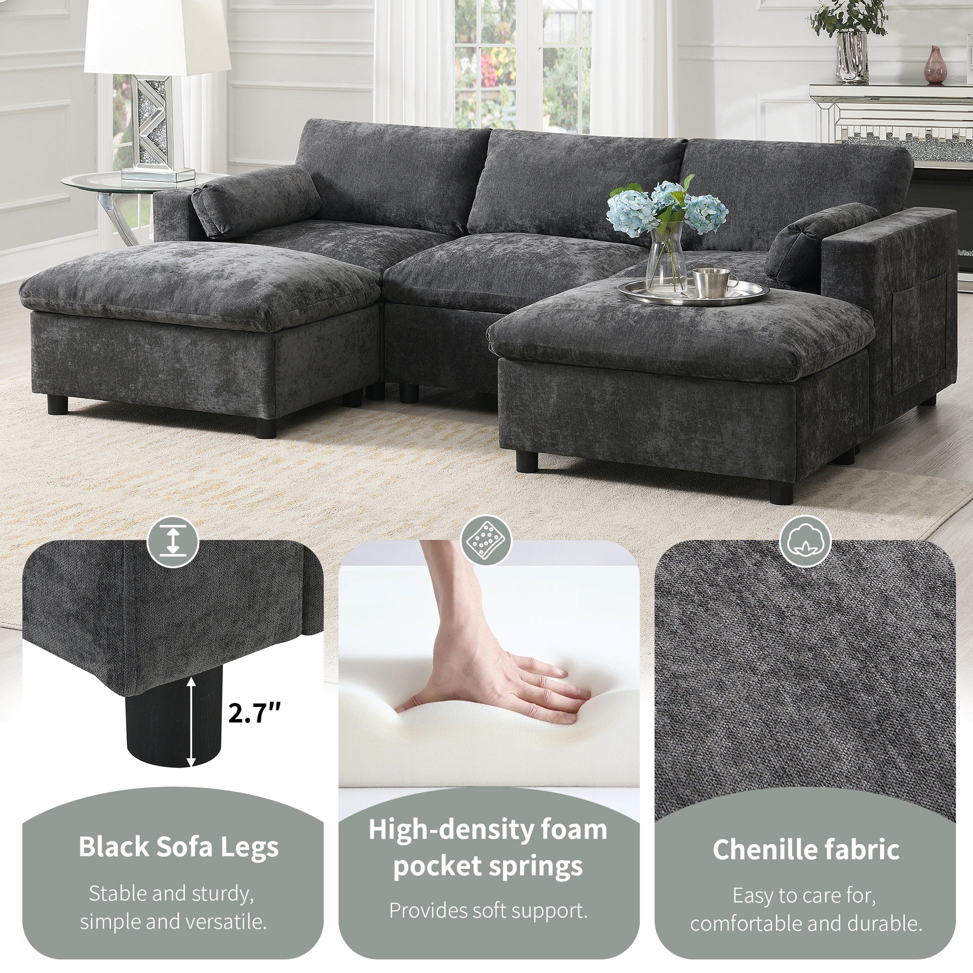[NEW SKU of N723S7723E]84.5'' Modular Sectional Sofa with Storage Pockets, 5 Seat U Shaped Chenille Couch Set with Pillows, Free Combination Modern Cloud Sofa with Movable Ottoman image 6