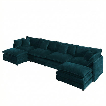 Comfort U Shaped Couch with Reversible Chaise, Modular Large U-Shape Sectional Sofa, Double Extra Ottomans,Blue Chenille image 3
