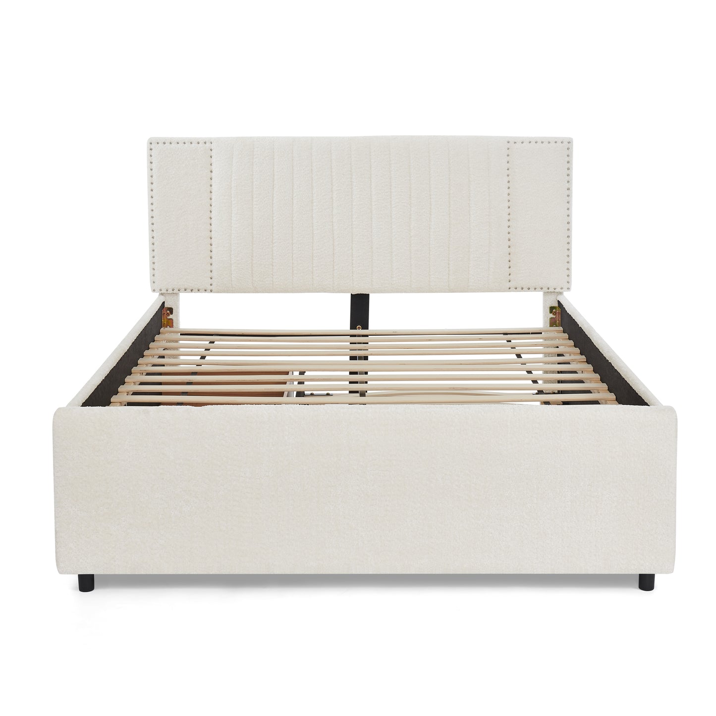 Queen Size Vertical Channel Tufted Headboard & Nailhead Trim Space Saving Upholstered Bed, Multi-functional Design with 2 Storage Drawers and Pull-out Trundle Bed, Chenille image 11