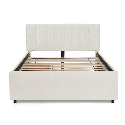 Queen Size Vertical Channel Tufted Headboard & Nailhead Trim Space Saving Upholstered Bed, Multi-functional Design with 2 Storage Drawers and Pull-out Trundle Bed, Chenille image 11