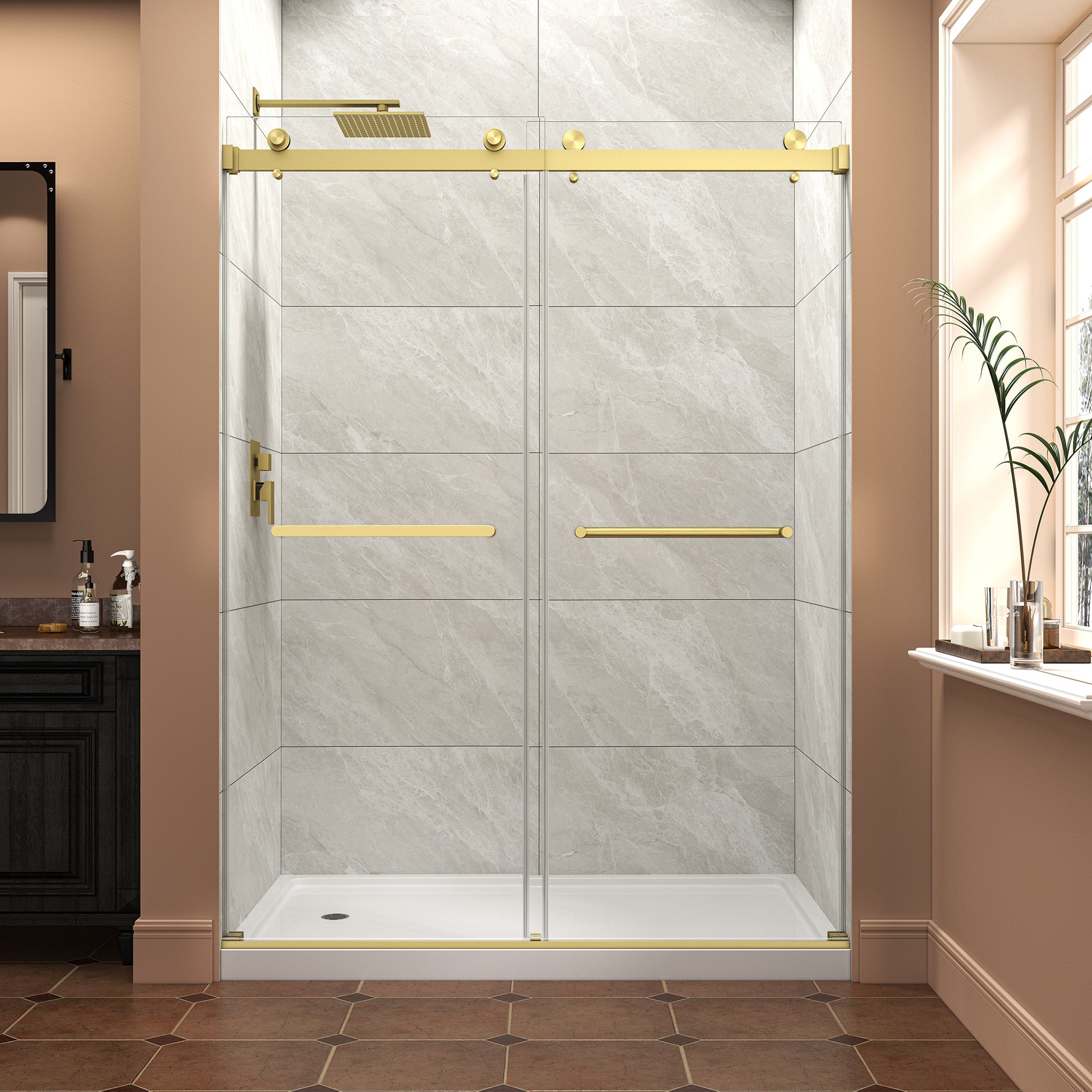 55"-60" W x 76" H Brushed Gold Reversible Installation Double Bypass Sliding Shower Door Easy Installation Frameless Shower Door,5/16"(8MM) Tempered Glass With Nano Explosion-proof Film image 1