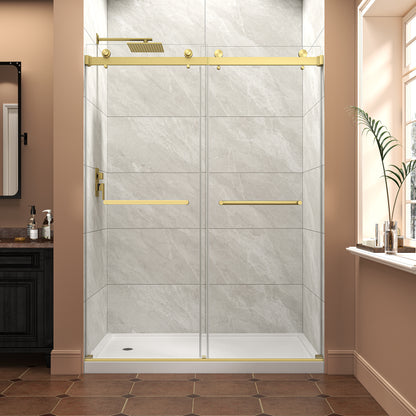 55"-60" W x 76" H Brushed Gold Reversible Installation Double Bypass Sliding Shower Door Easy Installation Frameless Shower Door,5/16"(8MM) Tempered Glass With Nano Explosion-proof Film image 1