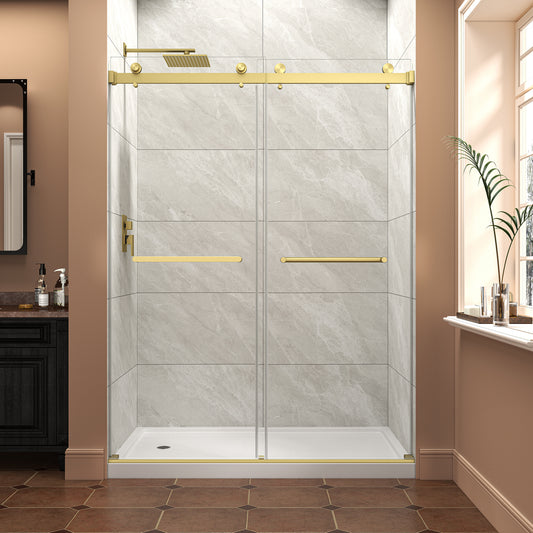 Brushed gold frameless sliding shower door front view