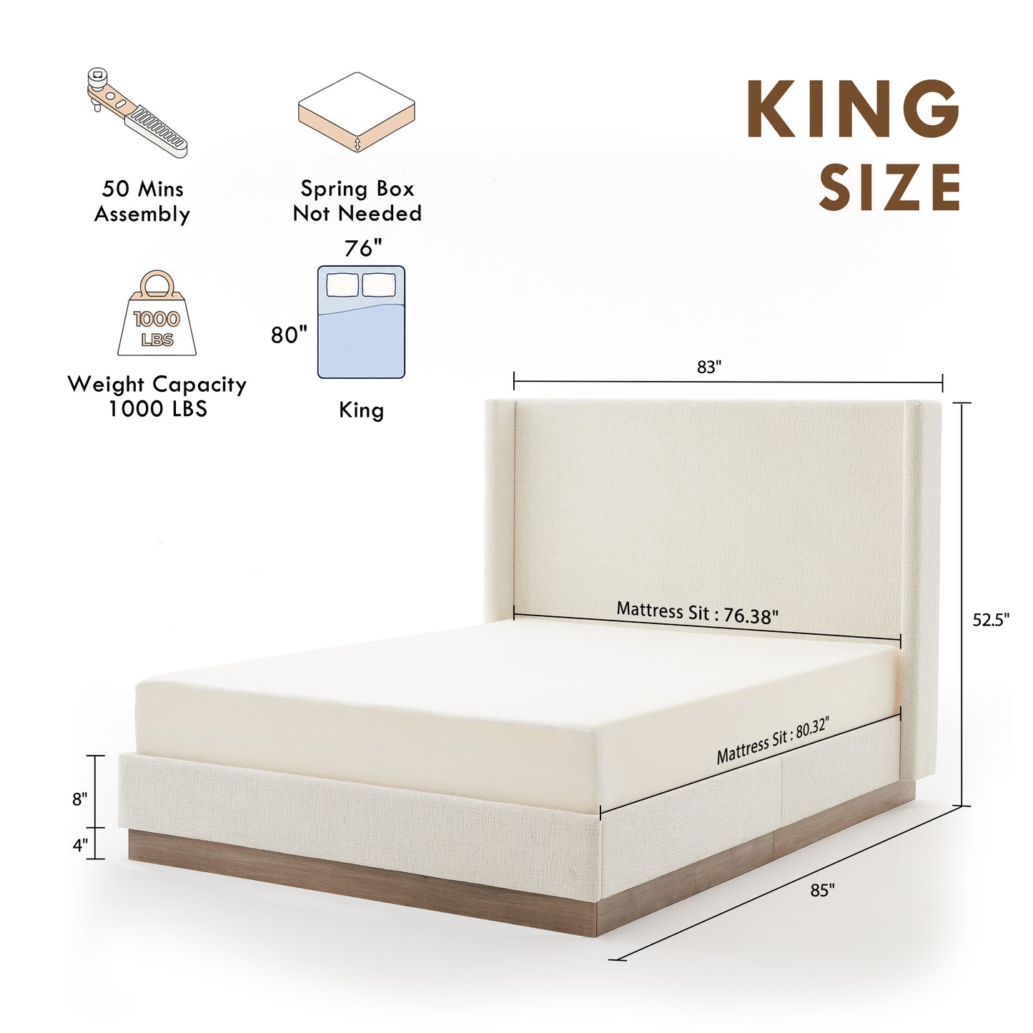 Hosford Upholstered Wingback Bed / Upholstered Wood Base Platform Bed / 52.5" High Headboard / Minimalist / Rusticity / No Box Spring Needed / King / Oat Boucle / No Noise image 10