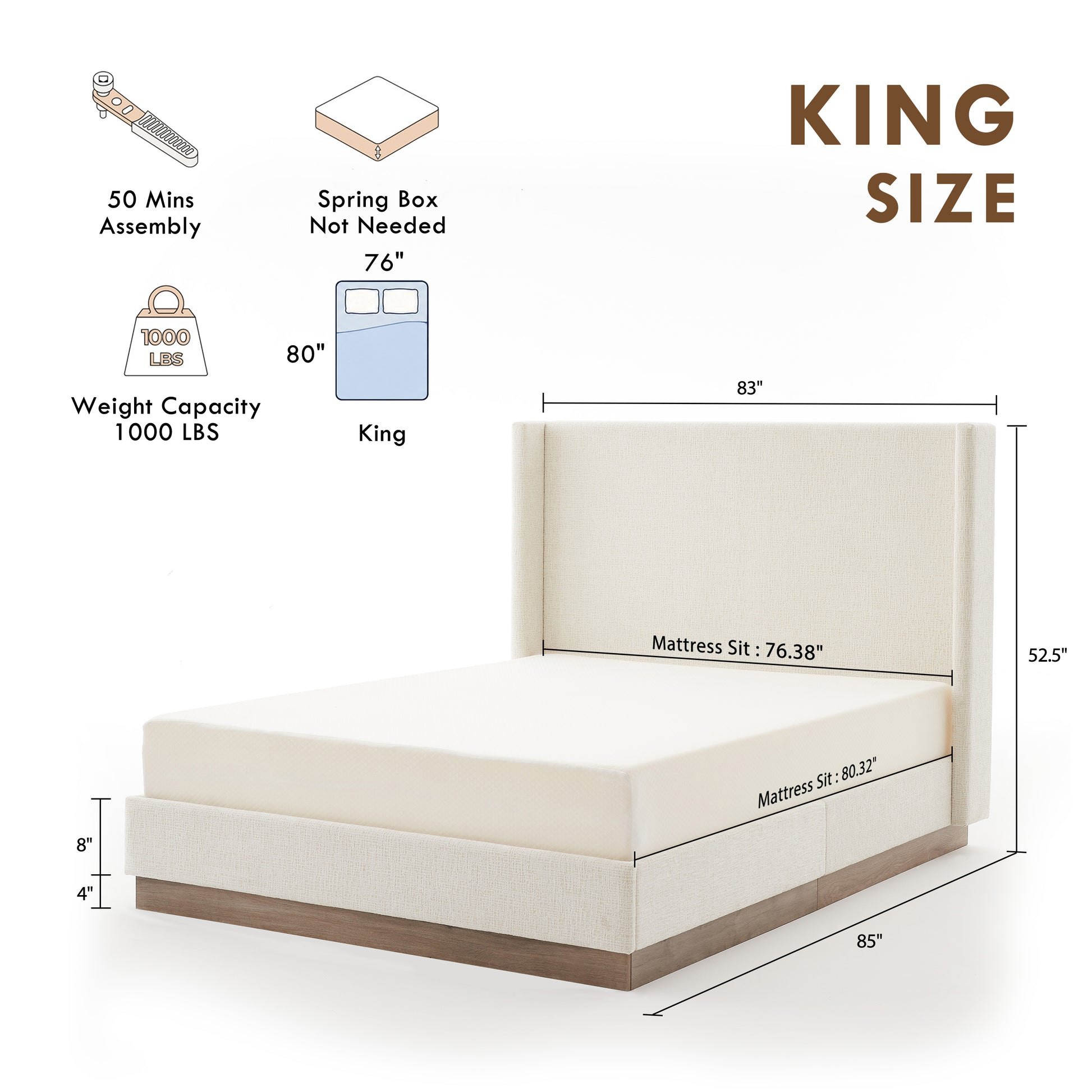 Hosford Upholstered Wingback Bed / Upholstered Wood Base Platform Bed / 52.5" High Headboard / Minimalist / Rusticity / No Box Spring Needed / King / Oat Boucle / No Noise image 10