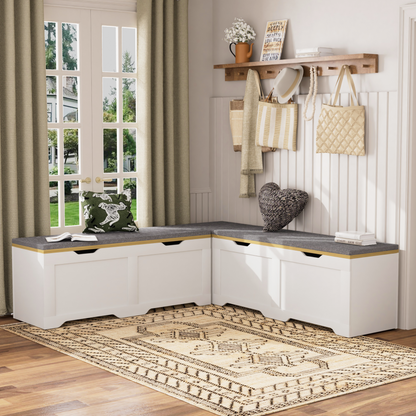 3-Piece L-Shaped Multi-Functional Storage Bench with Cushion, serving as a kitchen corner bench, toy storage box, or reading nook seat., White and Natural, 63"D x 63"W x 19.1"H image 7