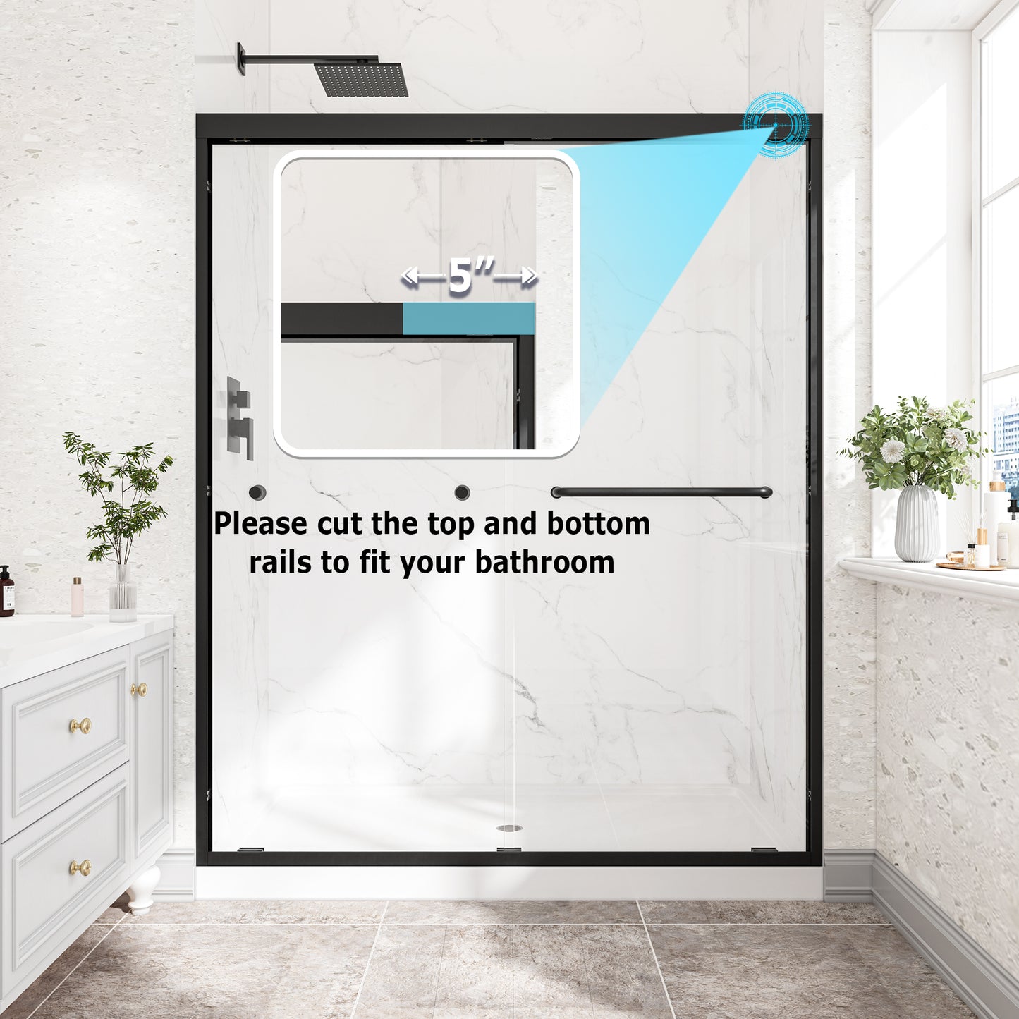 55"-60" W x 72" H Matte Black Reversible Installation Double Bypass Sliding Shower Door,Aluminium Alloy Frame,1/4"(6MM) Tempered Glass With Nano Explosion-proof Membrance,Easy Installation image 4