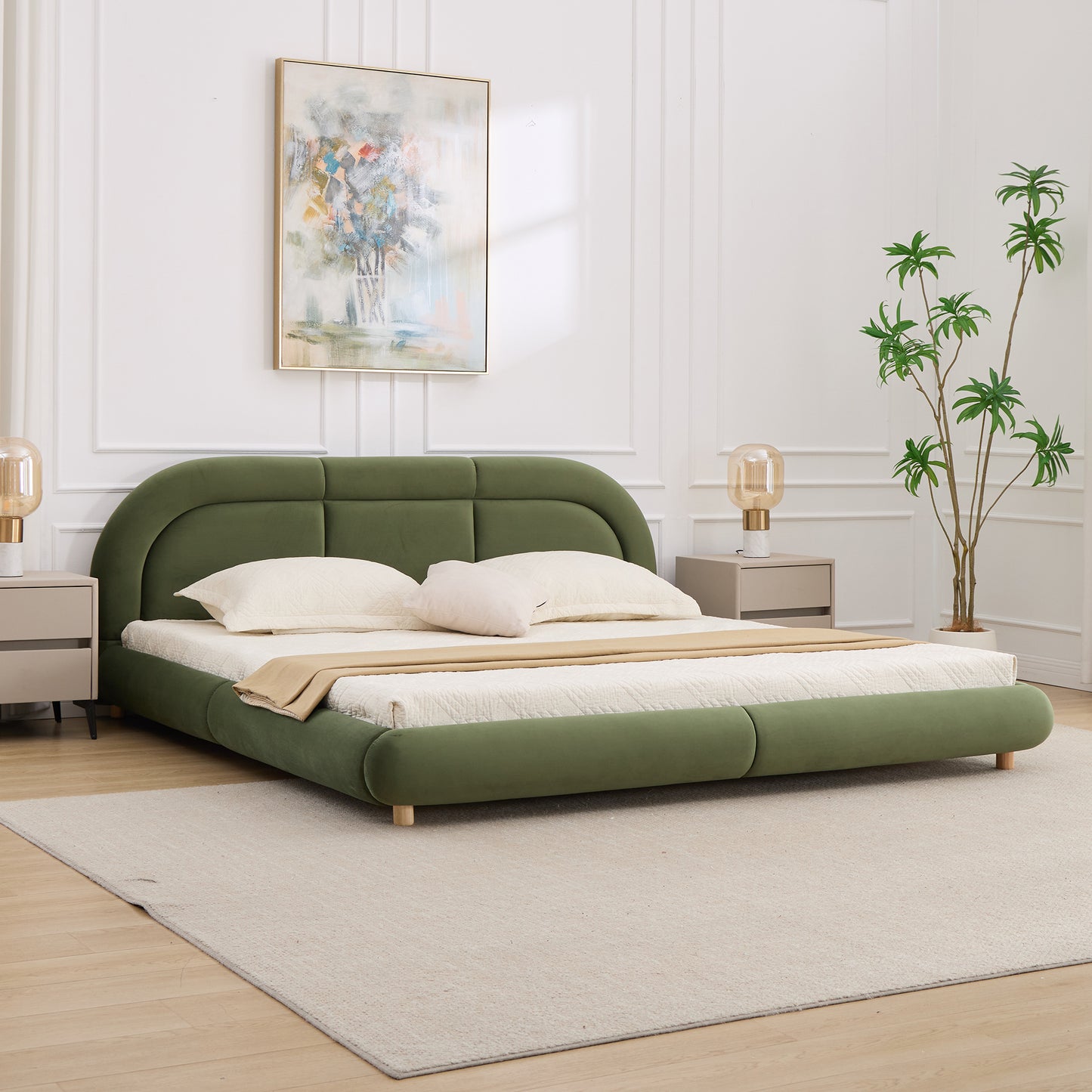 King Size,Modern Curved Upholstered Low Profile Platform Bed with Rounded Headboard(Velvet,Green) image 2