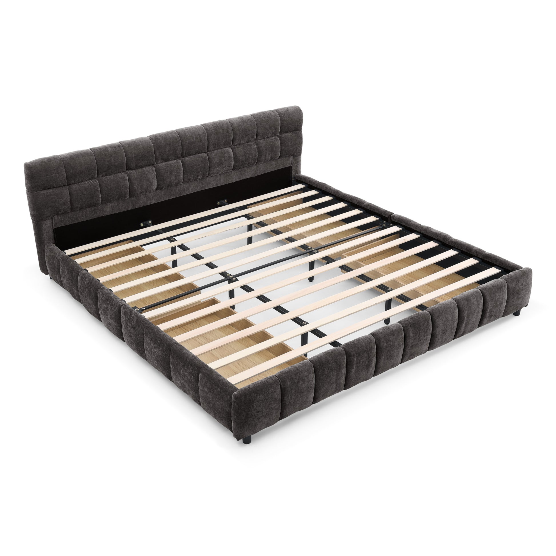 King Size Upholstered Bed,comfortable upholstered bed frame, Chenille fabric, with headboard and solid bed frame. With drawer for storage.-Dark Gray(88.5''*85.5''*31'') image 12