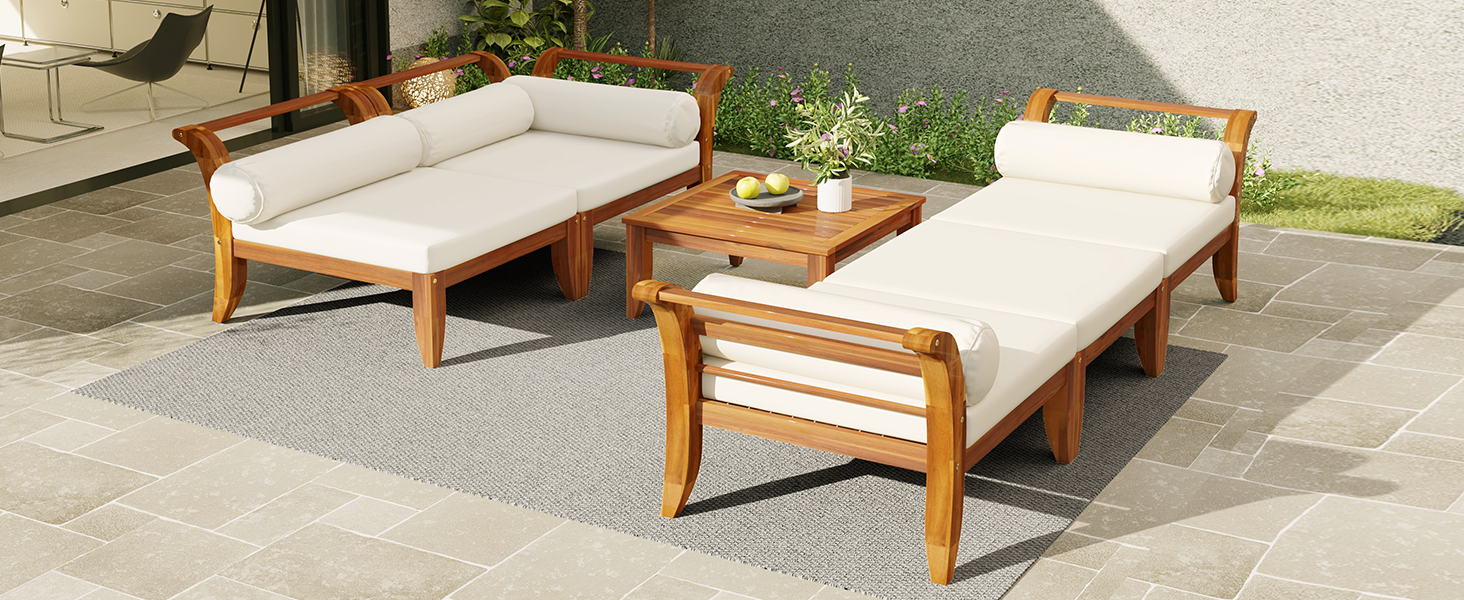 TOPMAX 6 Piece Patio Sofa Set, Acacia Wood Outdoor Modular Sectional Garden Furniture Set L-Shaped Conversation Set, Convertible Daybed with Tea Table, Ottoman, 5 Cushions and Pillows, Teak+Beige image 2