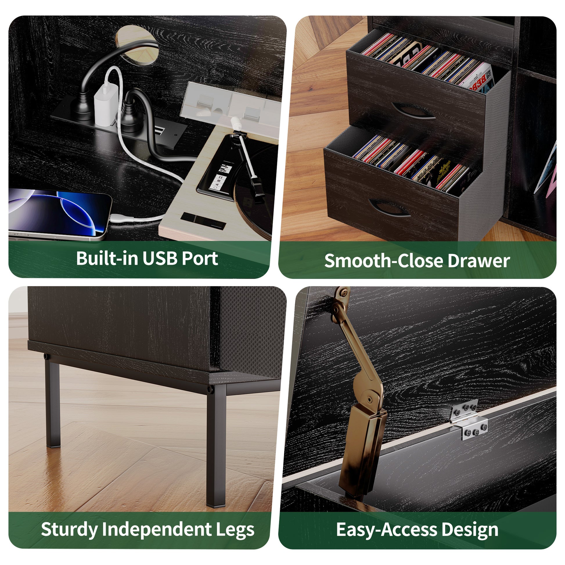 Eco-Friendly Record Player Stand with Flip-Top - Wood Vinyl Storage Cabinet with 2-Outlet Power Strip, Drawers & Dustproof Cubbies, Media Console for Living Room/Study, Black image 5