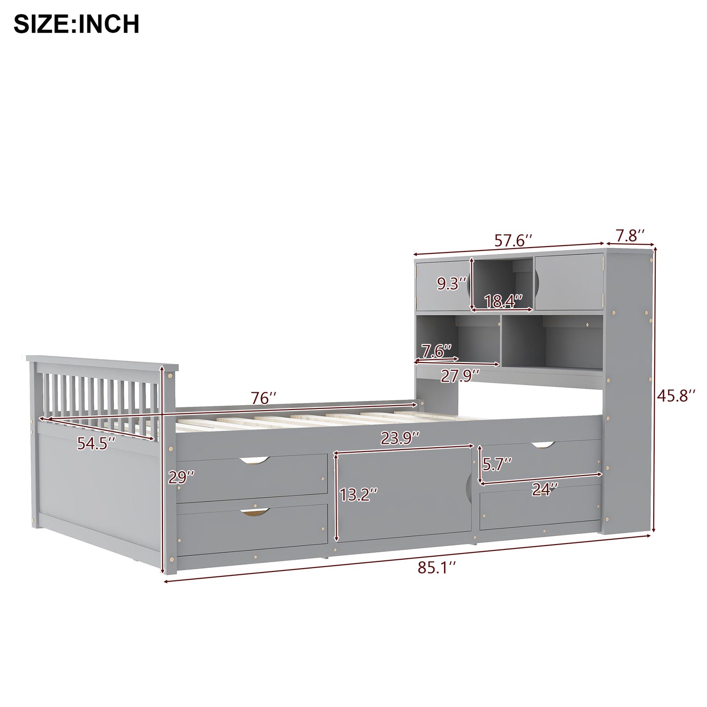 Full Size Captain Platform Bed Frame with Storage Bookcases and Shelves,Four Drawers,Gray image 5