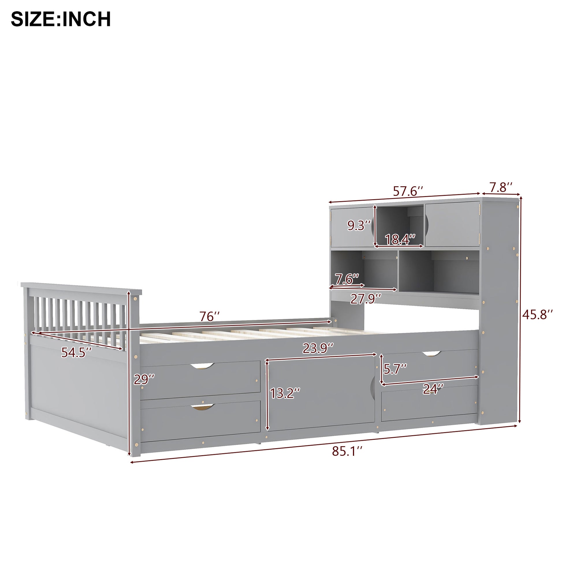 Full Size Captain Platform Bed Frame with Storage Bookcases and Shelves,Four Drawers,Gray image 5