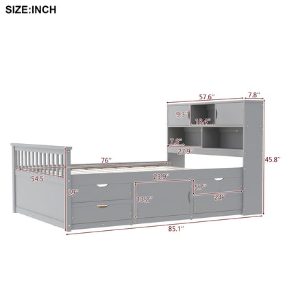 Full Size Captain Platform Bed Frame with Storage Bookcases and Shelves,Four Drawers,Gray image 5