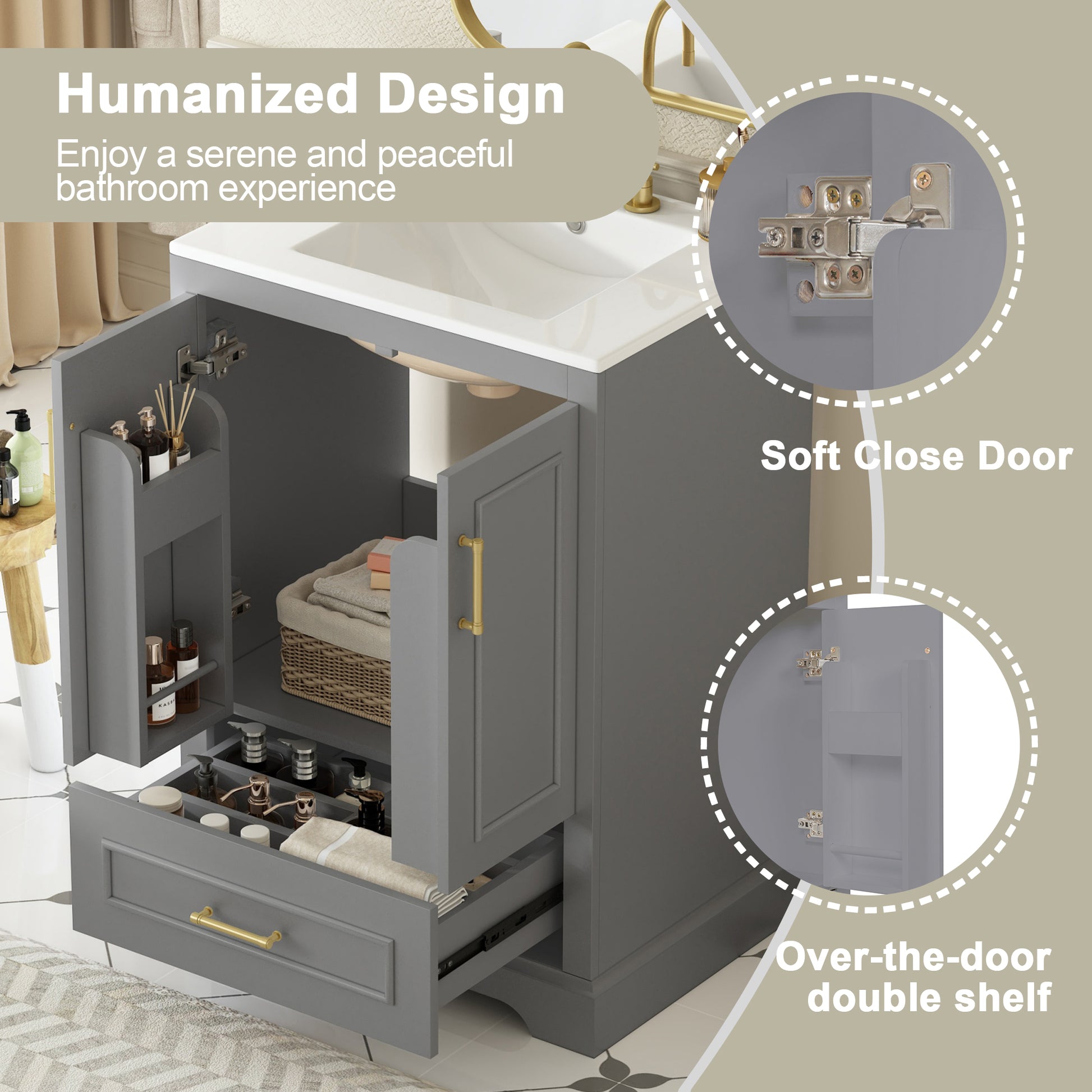 24"Bathroom Vanity with Sink, MDF Cabinet with Solid Wood Frame, 1 Divided Drawer and 2 Soft Close Doors with Double Shelf on the Door, Freestanding Vanity image 6