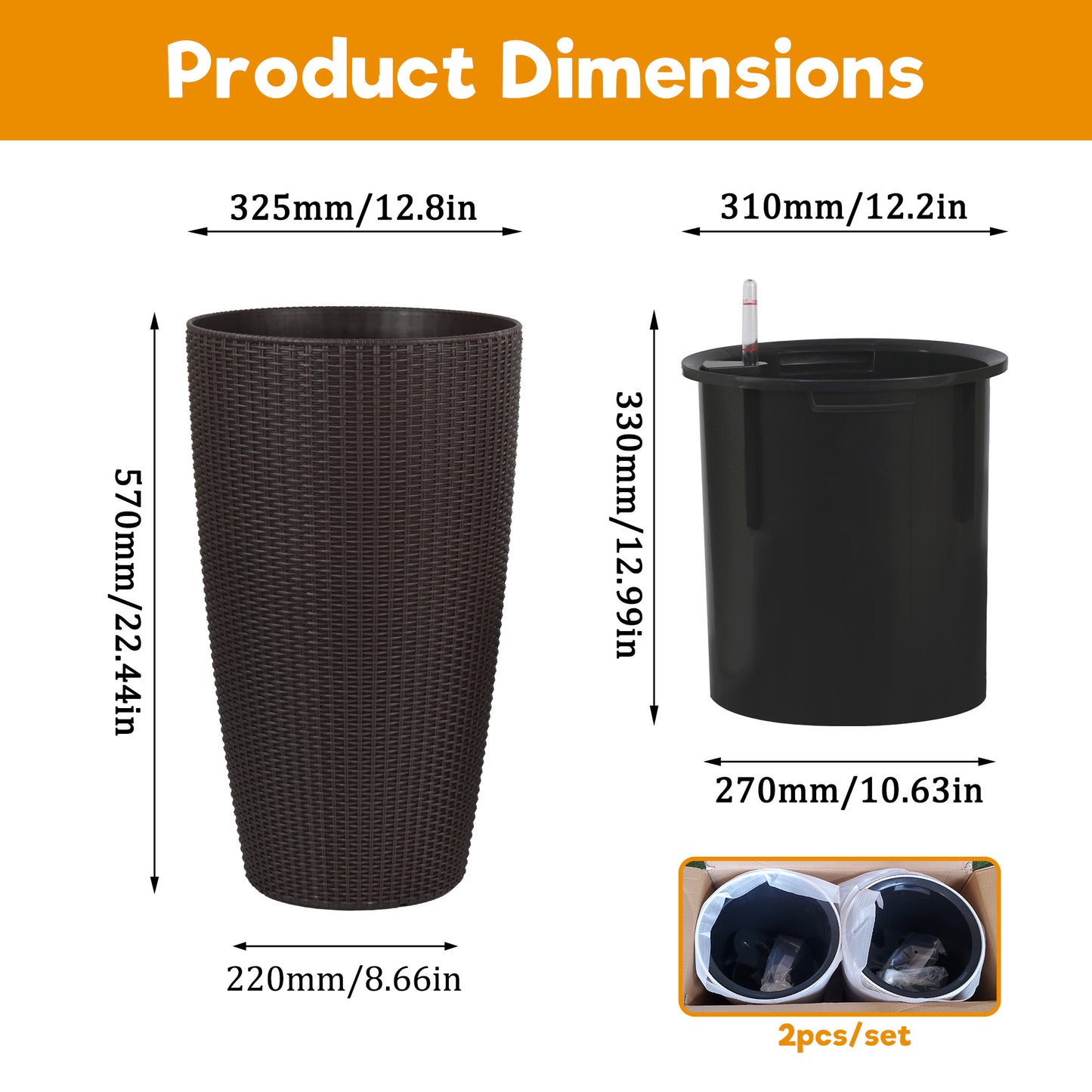 Set of 2 Faux Rattan Tall Planters Outdoor Indoor Large Planters with Water Level Monitor Inner Bucket, Automatic Watering, Flower Plant Pots for Garden, Patio, Porch, Backyard (Brown, 22 inch) image 6