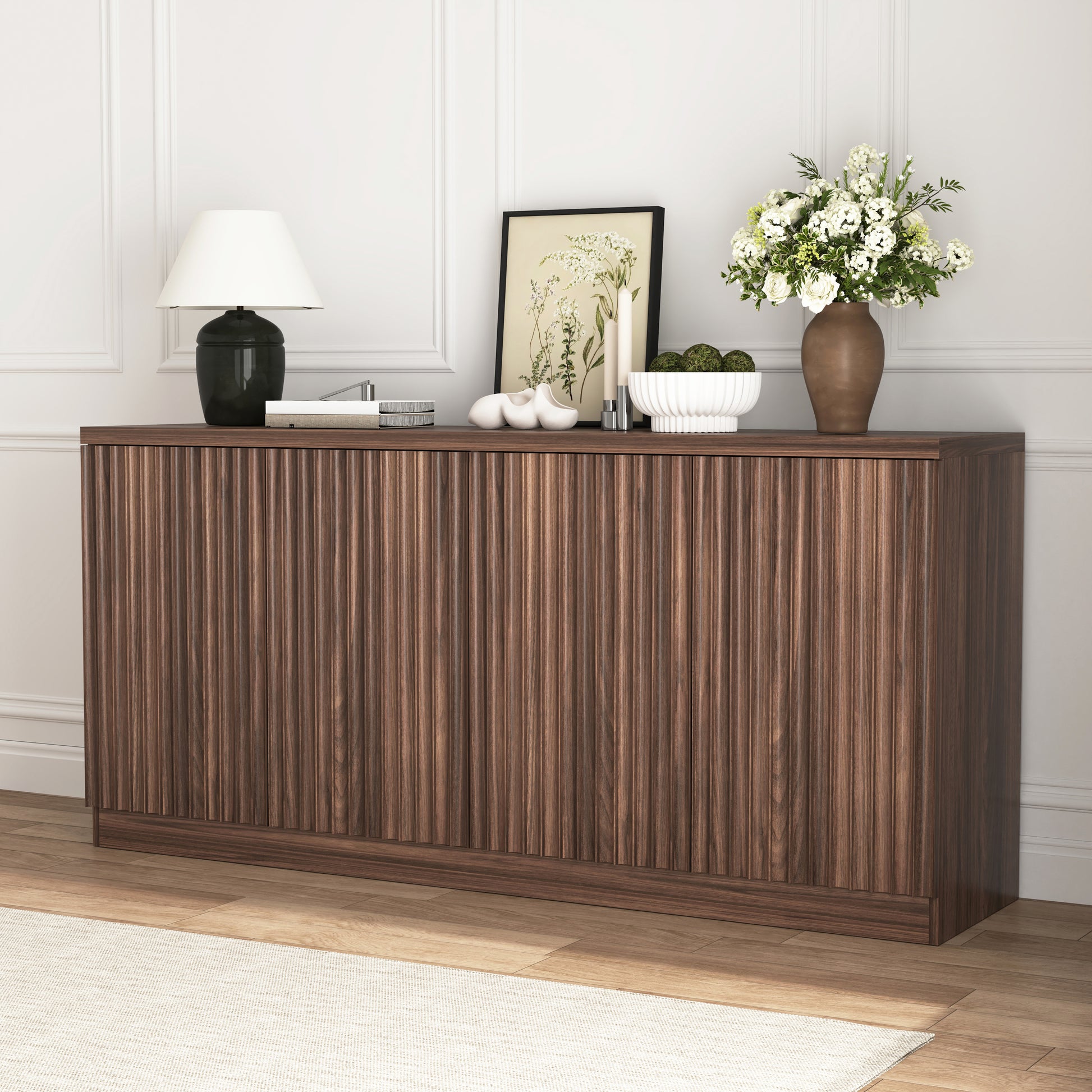 Buffet Cabinet with Storage, 62.60" Sideboard Cabinet with 4 Doors & Shelves, Wooden Kitchen Coffee Bar Credenza Storage for Living Room, Hallway Walnut image 6